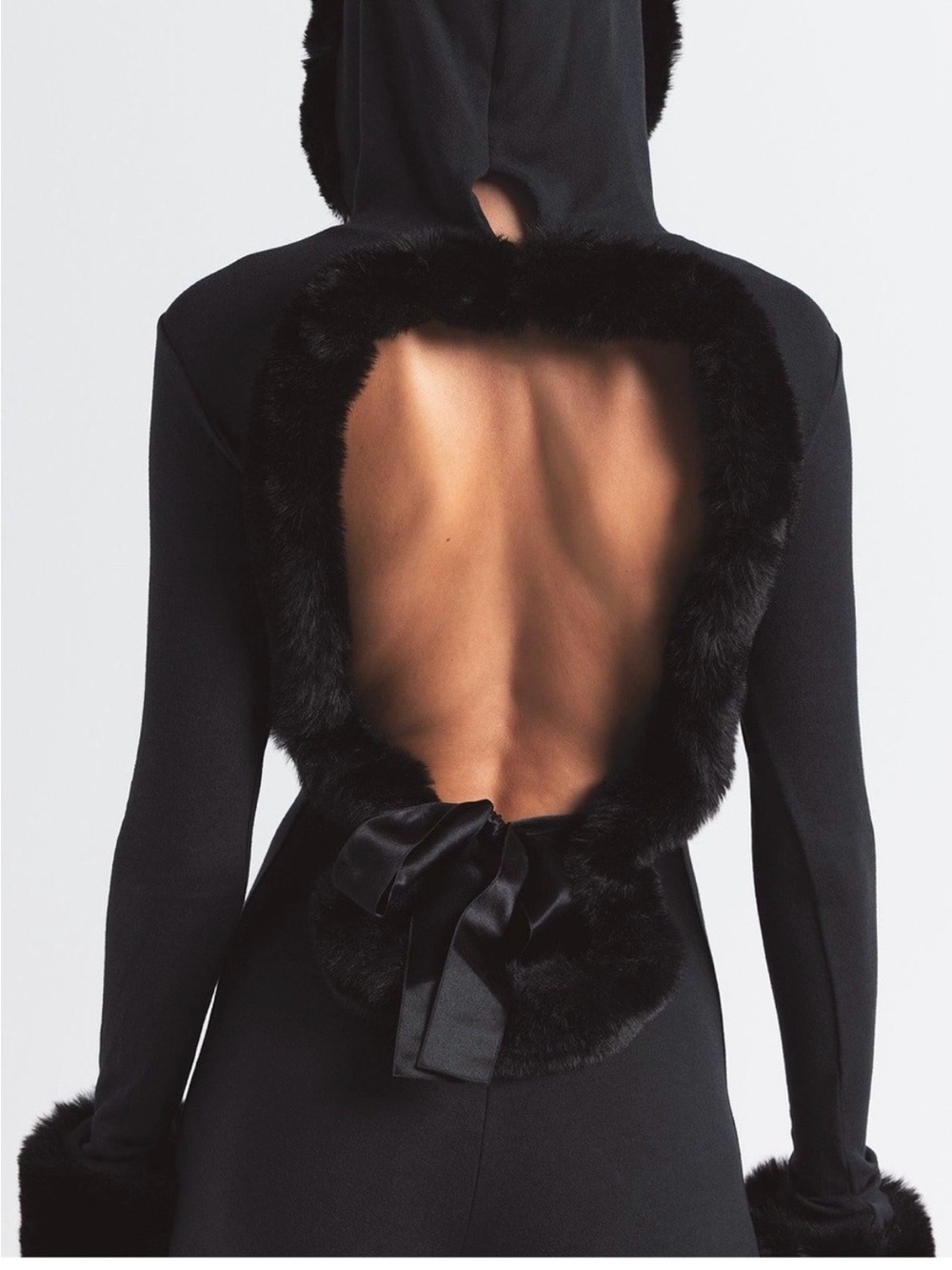 SKIMS Black Hooded Cloud Jumpsuit with Faux-Fur Trim and Satin Waist Tie - Picture 5 of 5